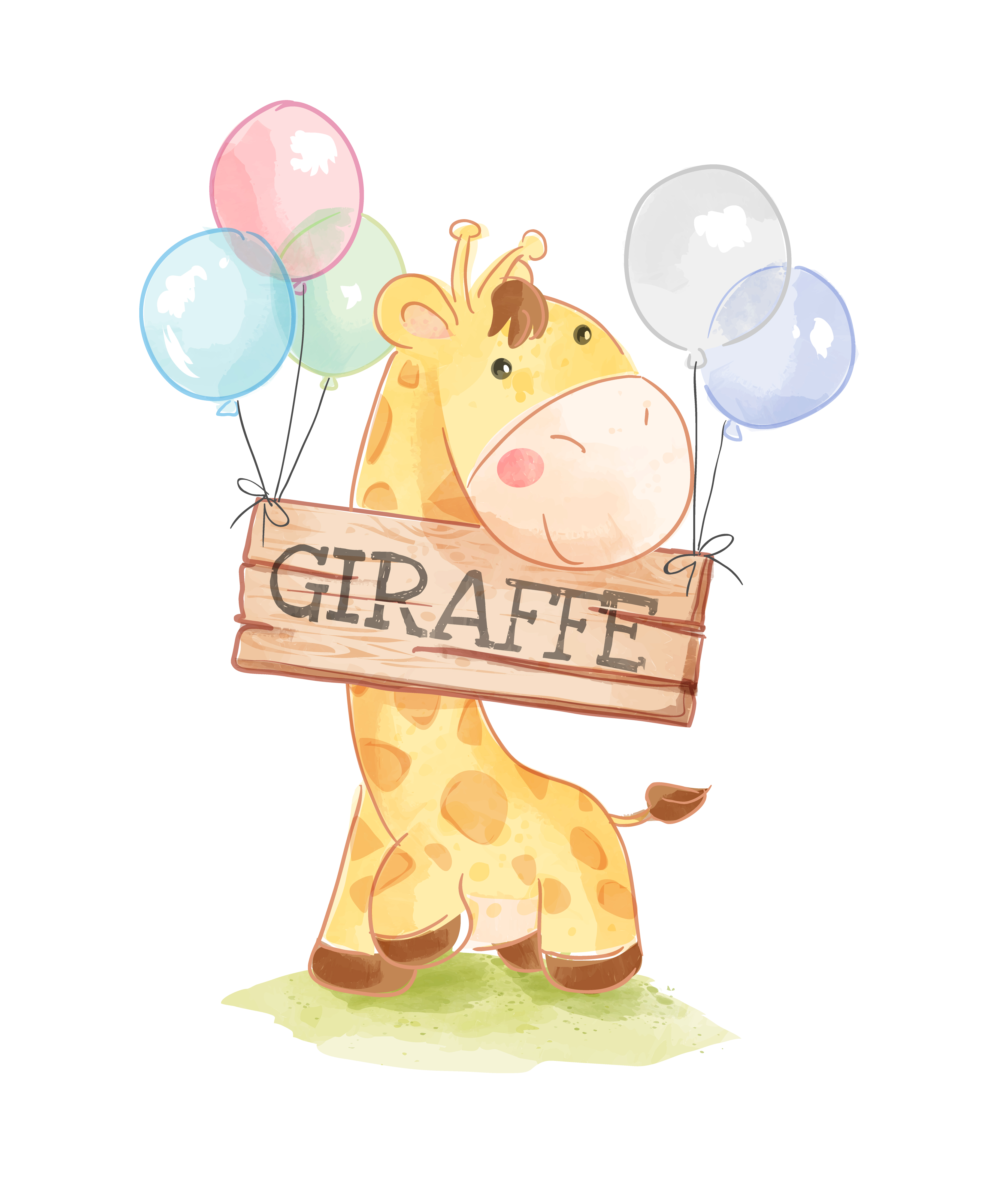 Cute Cartoon Giraffe with Balloons and Wood Sign 1419200 Vector Art at  Vecteezy