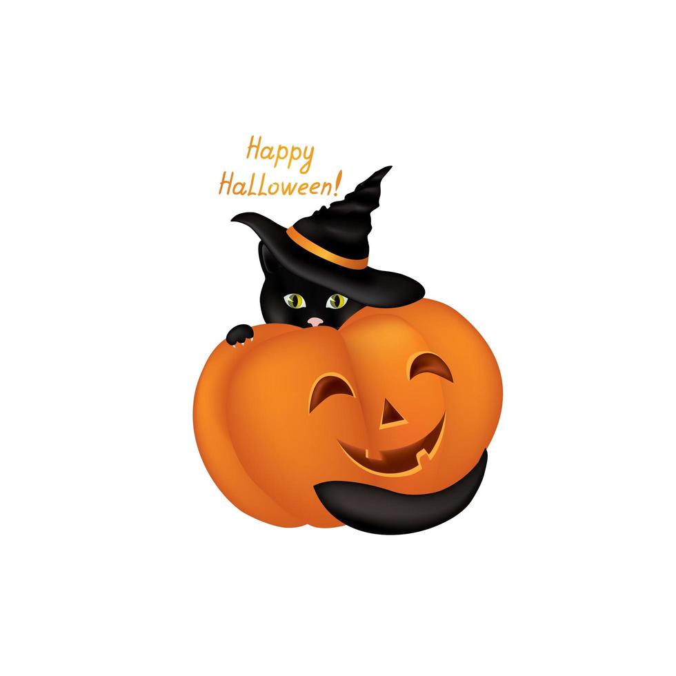 Gato de Halloween con sombrero escondido detrás de calabaza. vector
