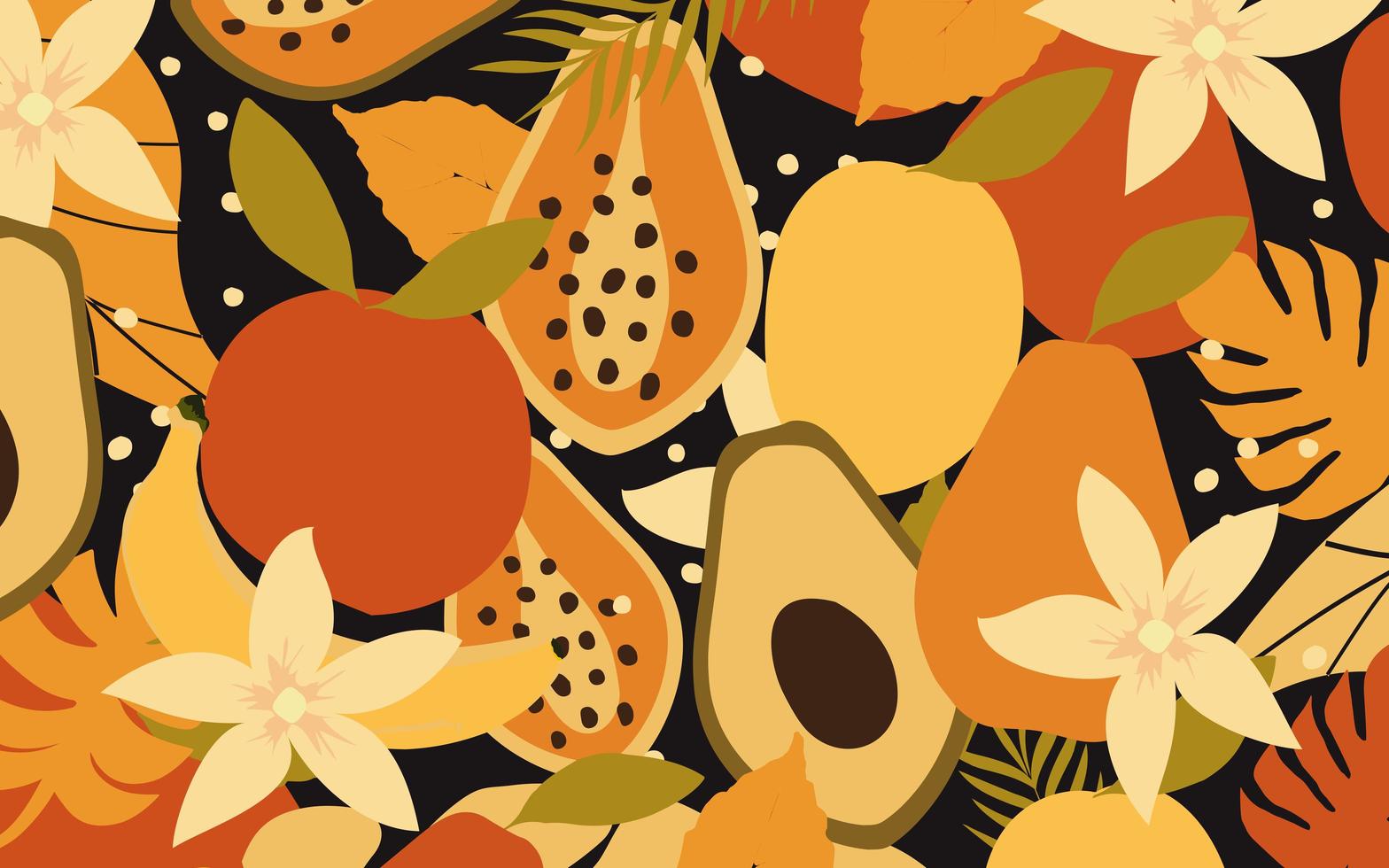 Colorful flowers, leaves and fruits poster background vector