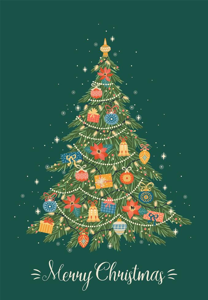 Merry Christmas greeting card on green background vector