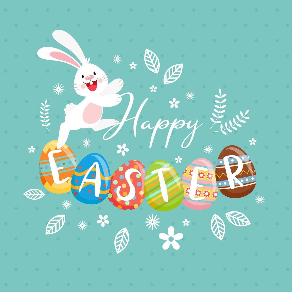 Bunny and Happy Easter text on decorated eggs vector