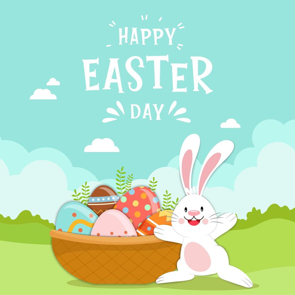 Happy Easter scene with eggs in basket and bunny vector