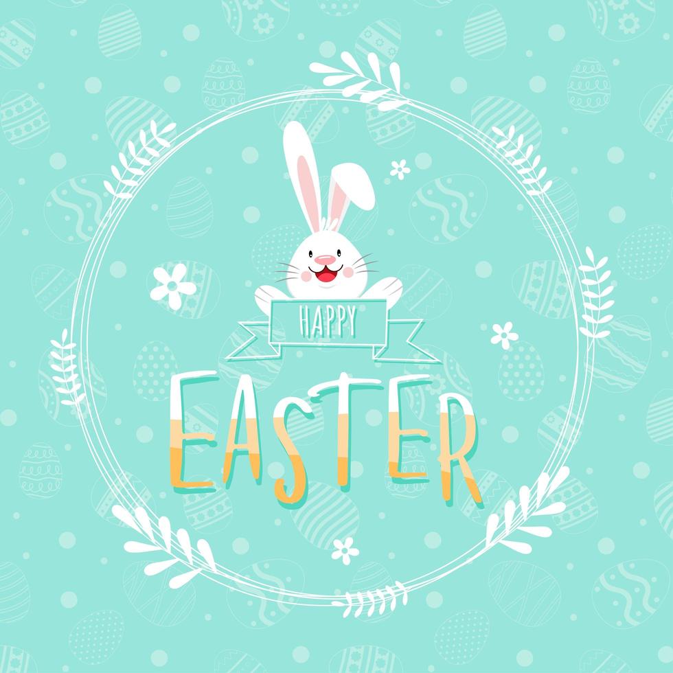 Happy Easter decorative card with leaf wreath and rabbit vector