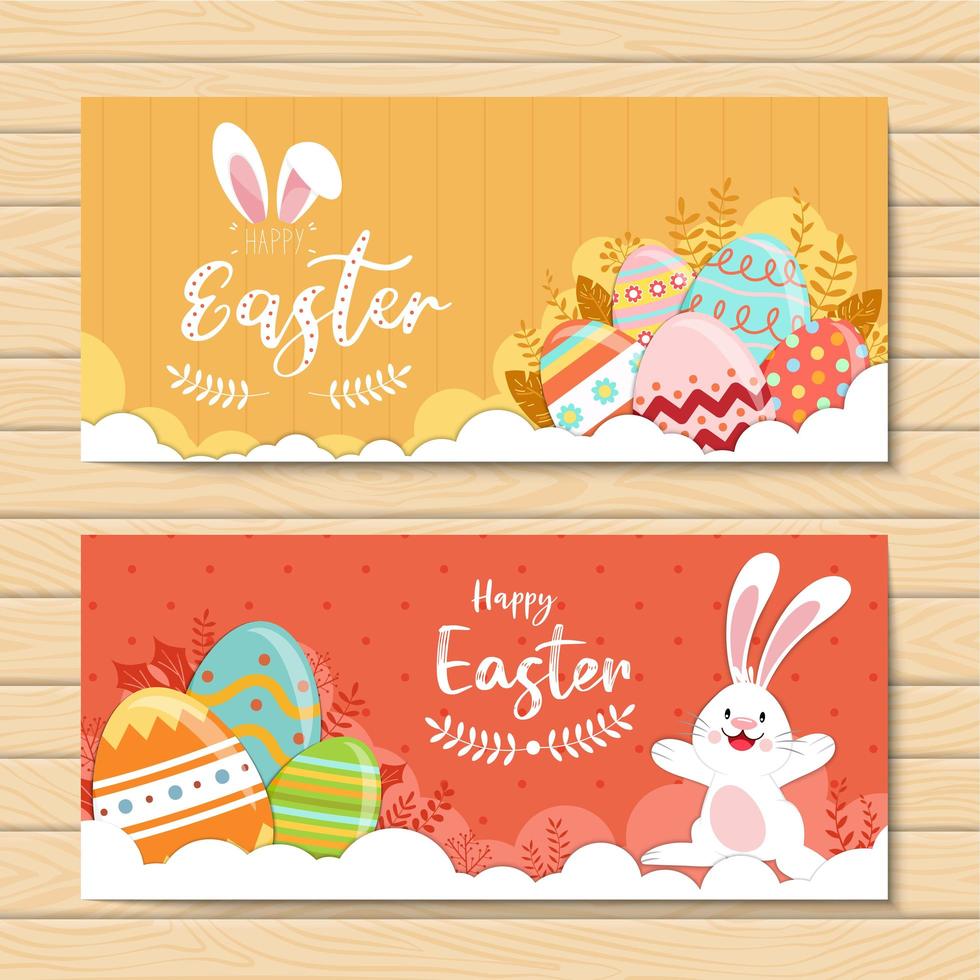 Happy Easter banners with decorated eggs and rabbits vector
