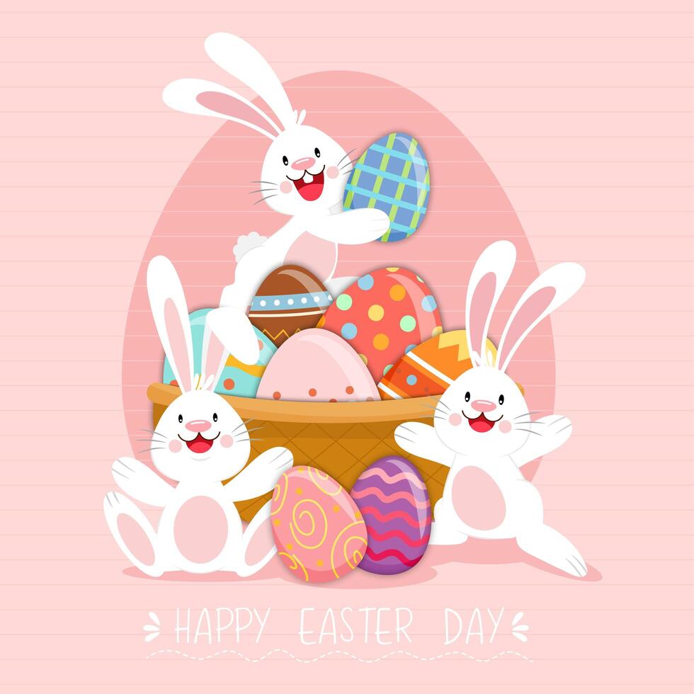 Happy Easter poster with decorated eggs and rabbits vector