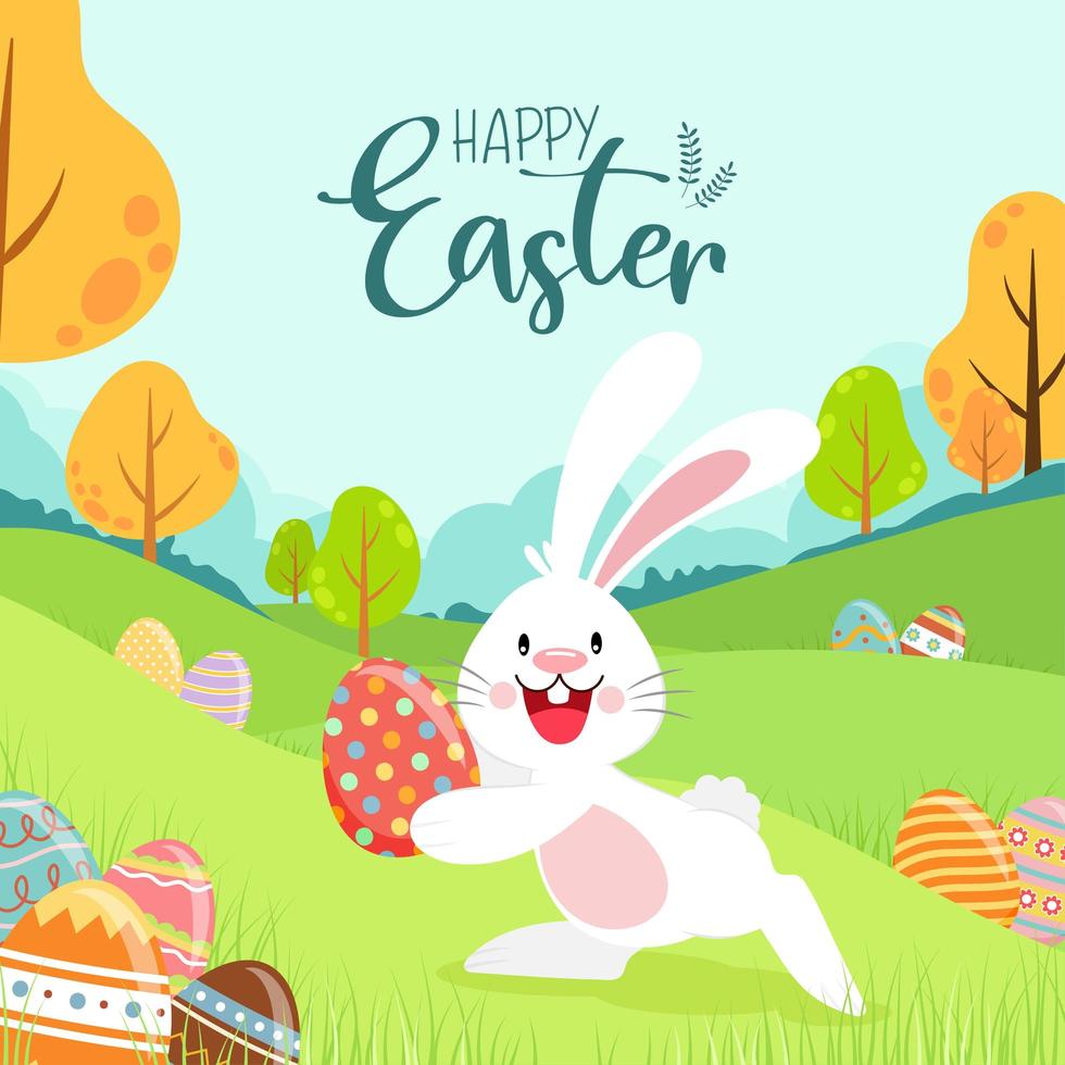 Happy Easter poster with bunny hiding eggs outdoors vector