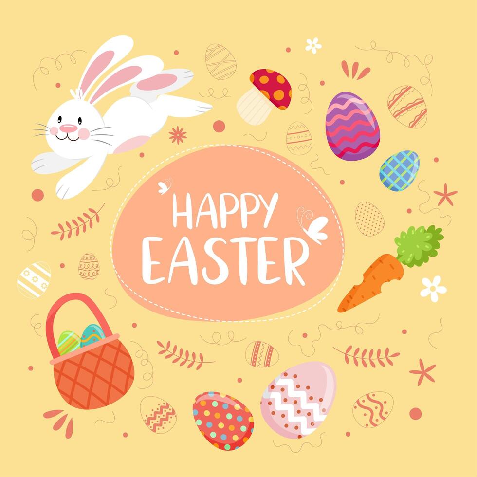 Happy Easter text with bunny, eggs and decorative elements vector