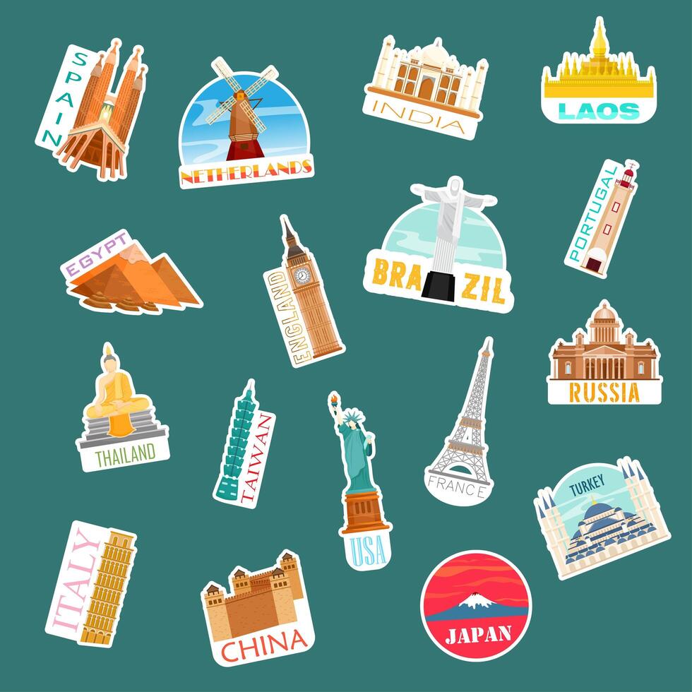 iconos o pegatinas de viajes y puntos de referencia vector