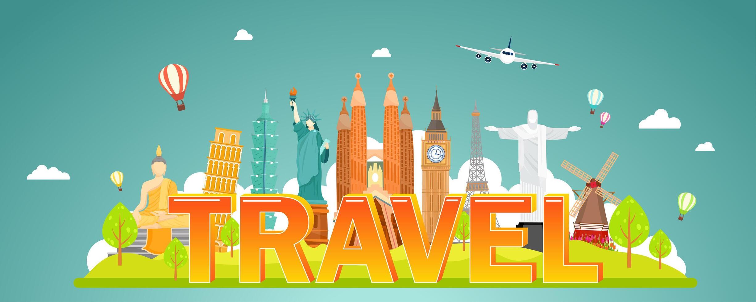 Large travel text with landmarks vector