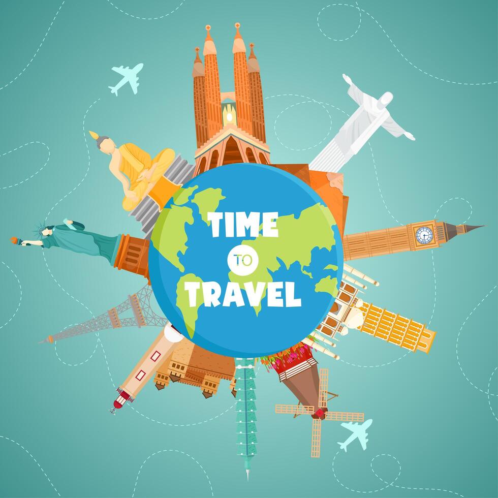 Time to travel concept with landmarks around globe vector