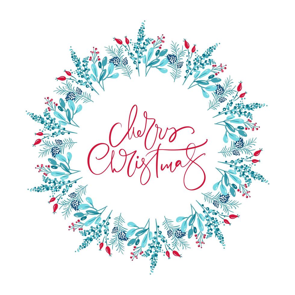 Merry Christmas text in floral winter wreath vector