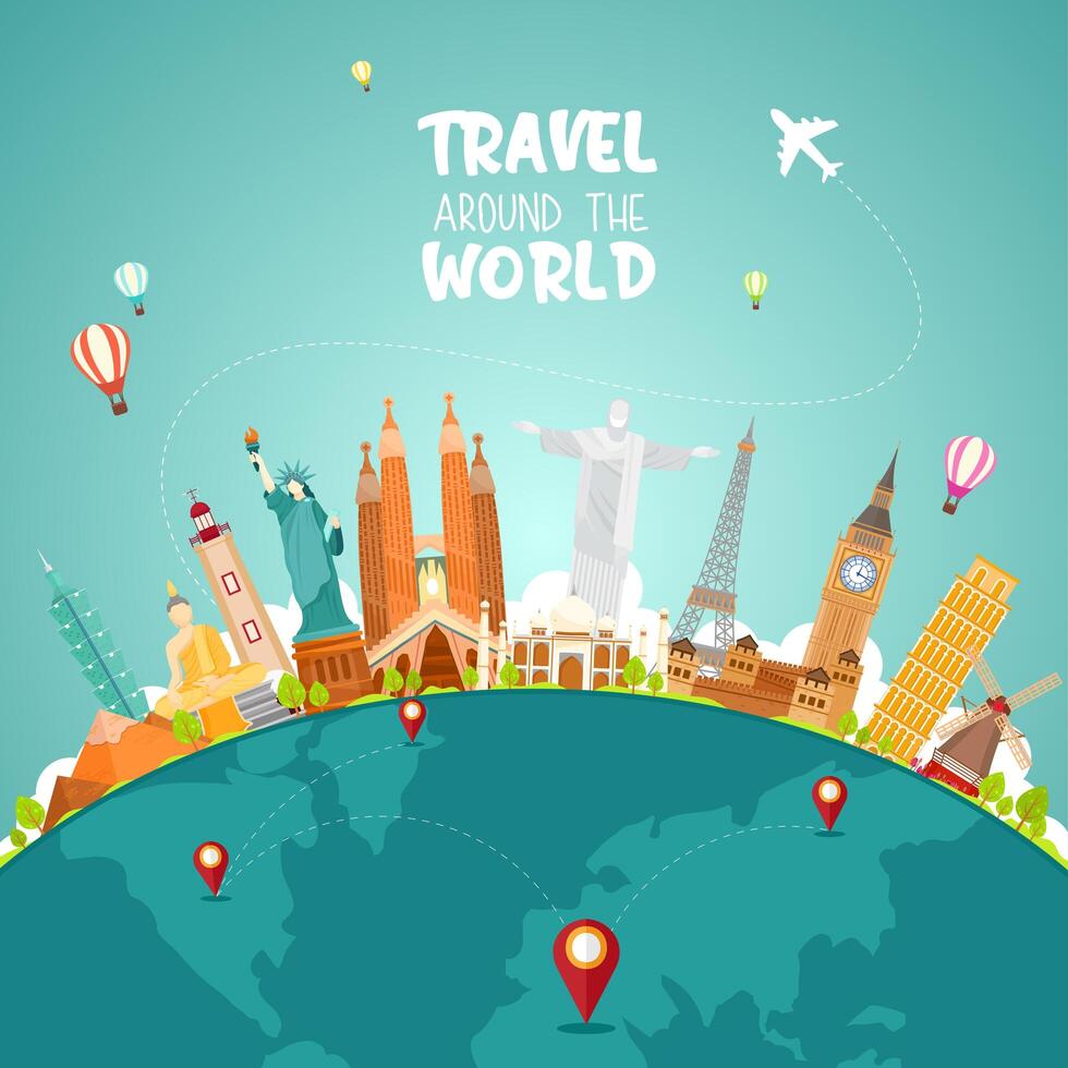 Travel around the world concept with landmarks on globe 1419966 Vector ...