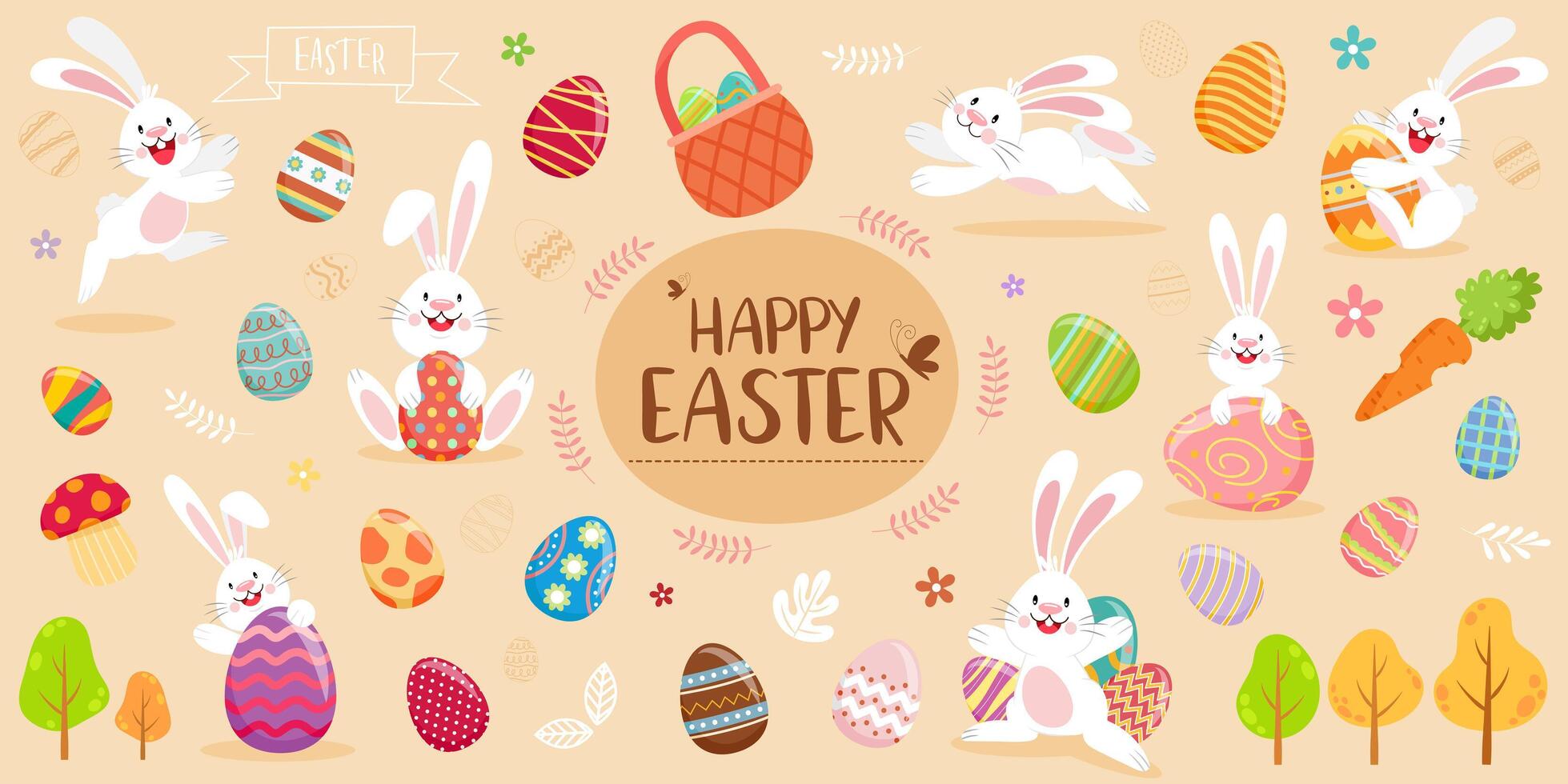 Happy Easter banner with rabbits, eggs, and foliage vector