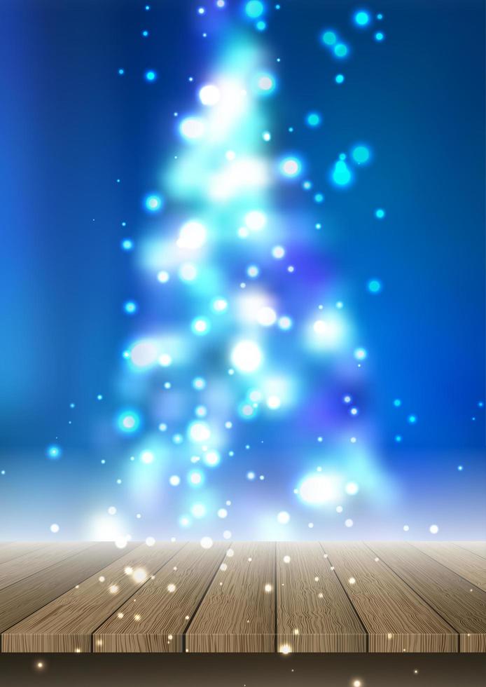 Wooden table looking out to de-focused Christmas tree vector