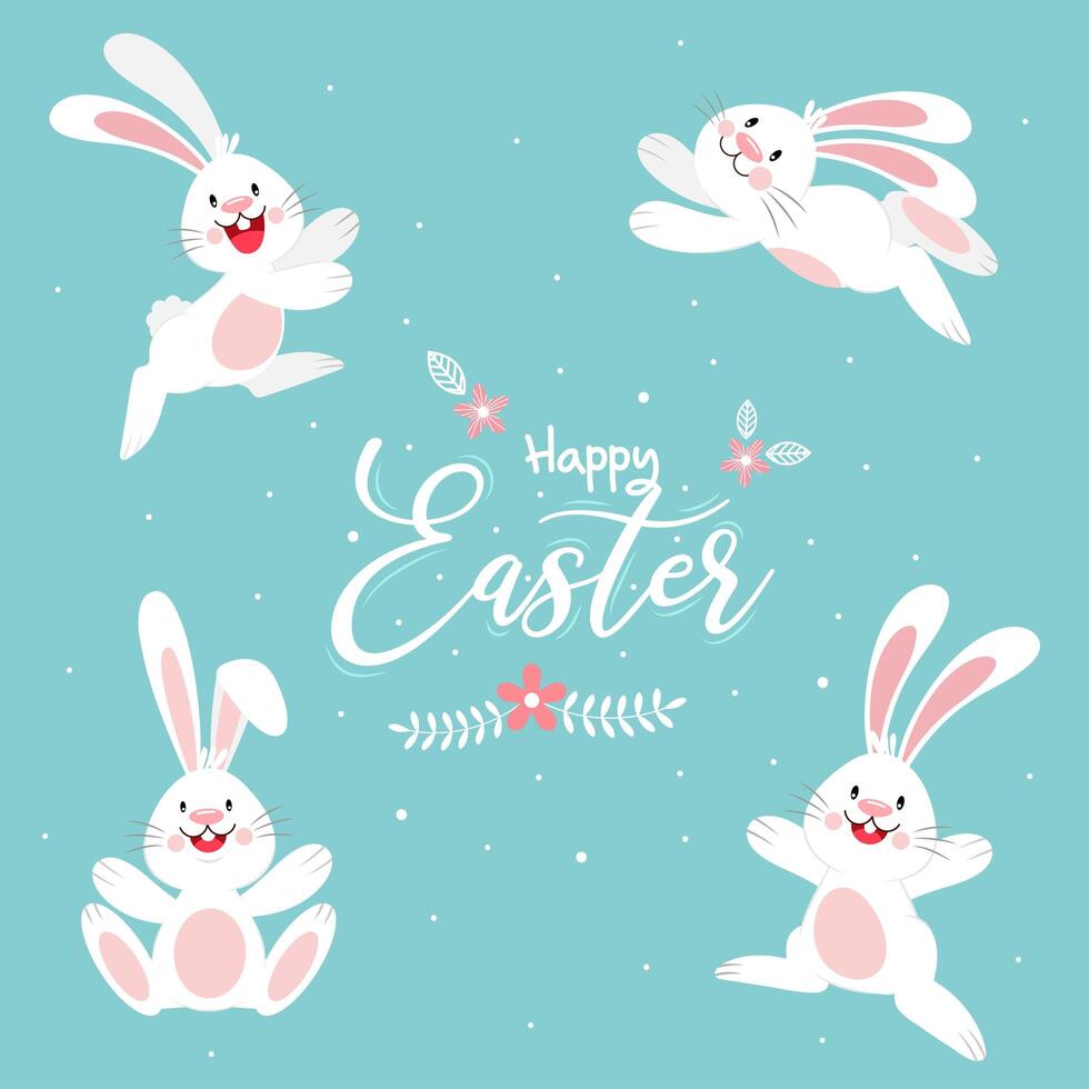 Happy Easter poster with white rabbits in different poses vector