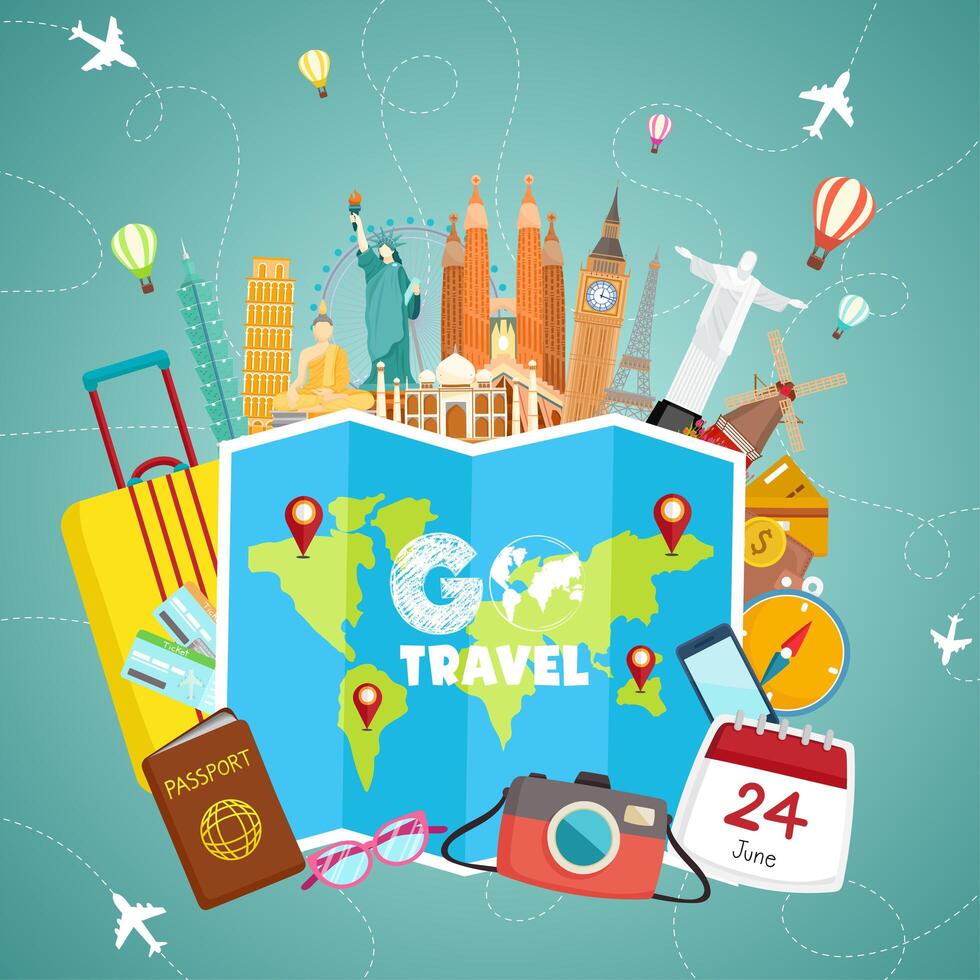 Go travle concept with map, supplies and landmarks vector