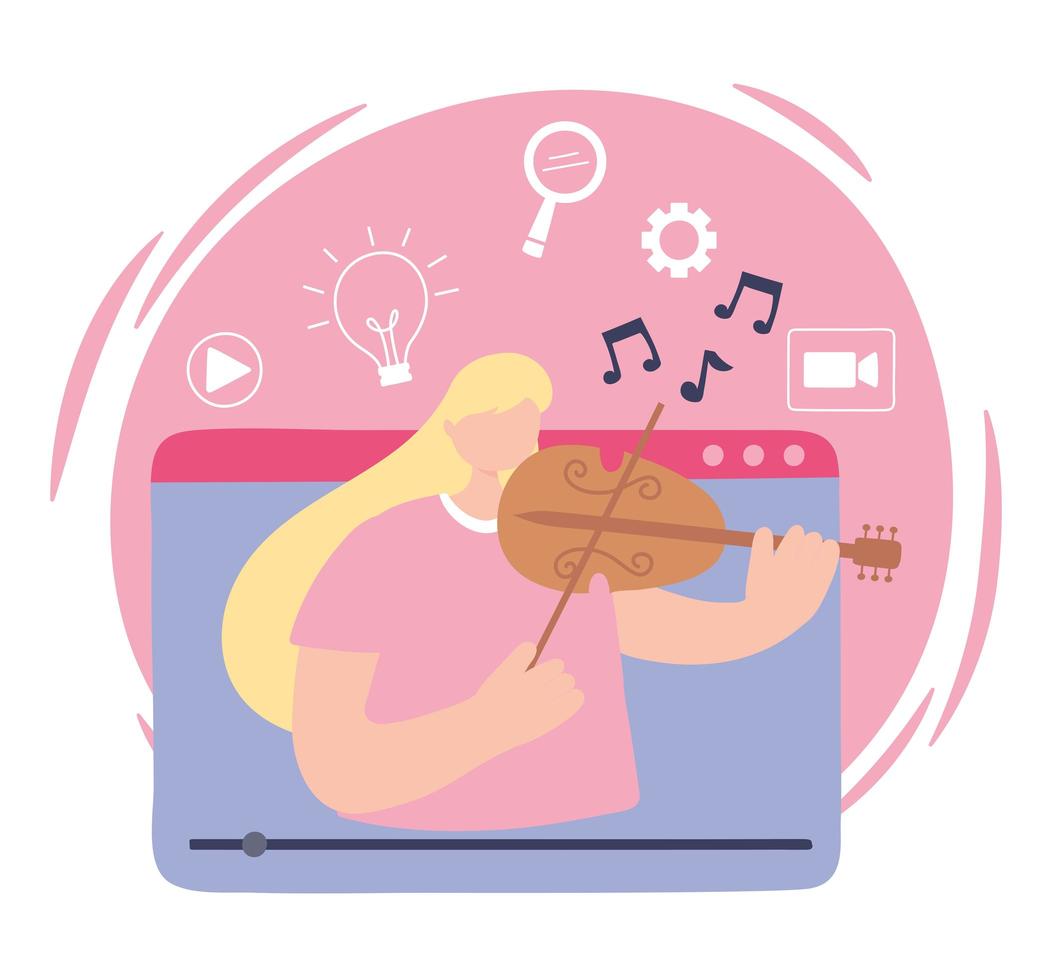 Girl playing playing violin and recording online vector