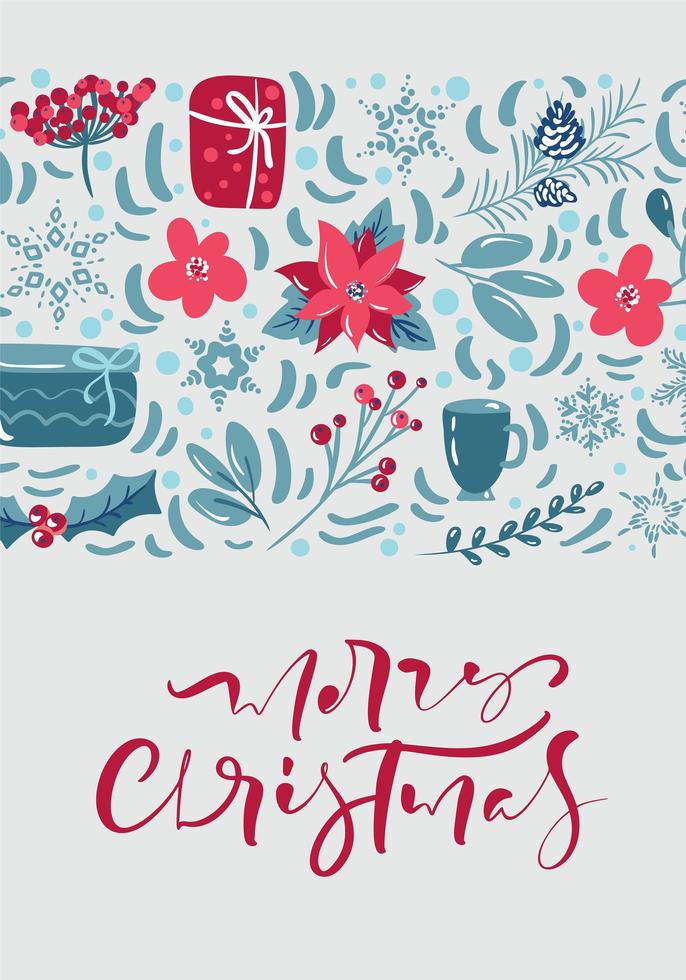 Merry Christmas greeting card design with floral decoration vector