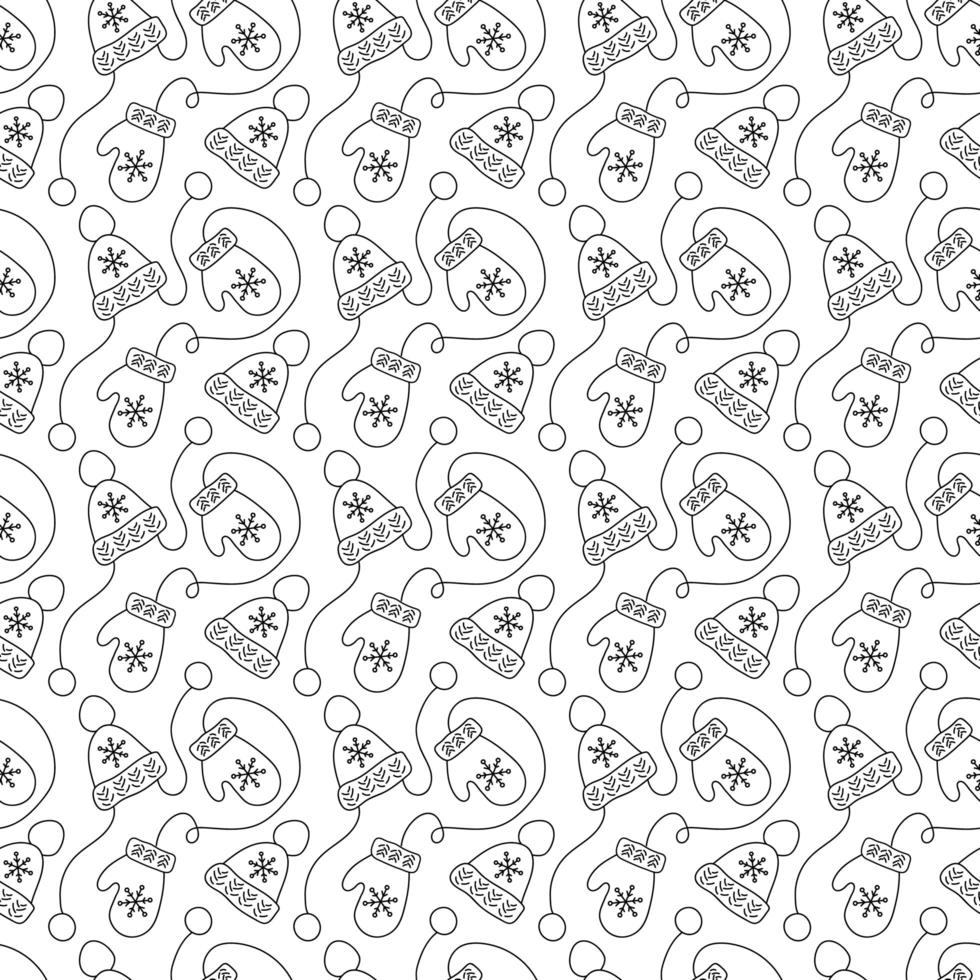 Monoline Christmas seamless pattern with mittens and winter hats vector