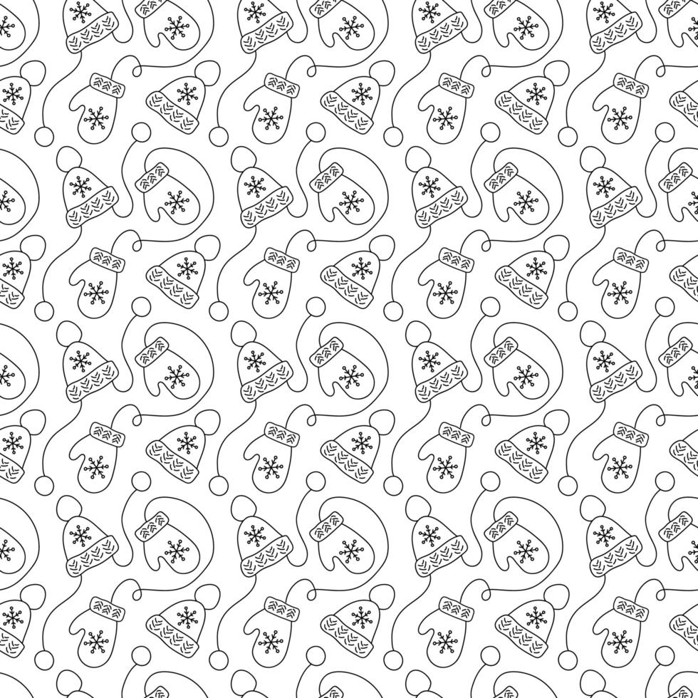 Monoline Christmas seamless pattern with mittens and winter hats vector