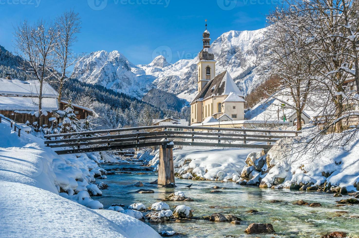 Winter landscape in the Bavarian Alps with church, Ramsau, Germany photo