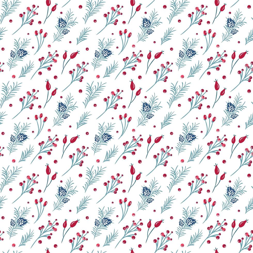 Christmas seamless pattern of red berries, pine branches vector