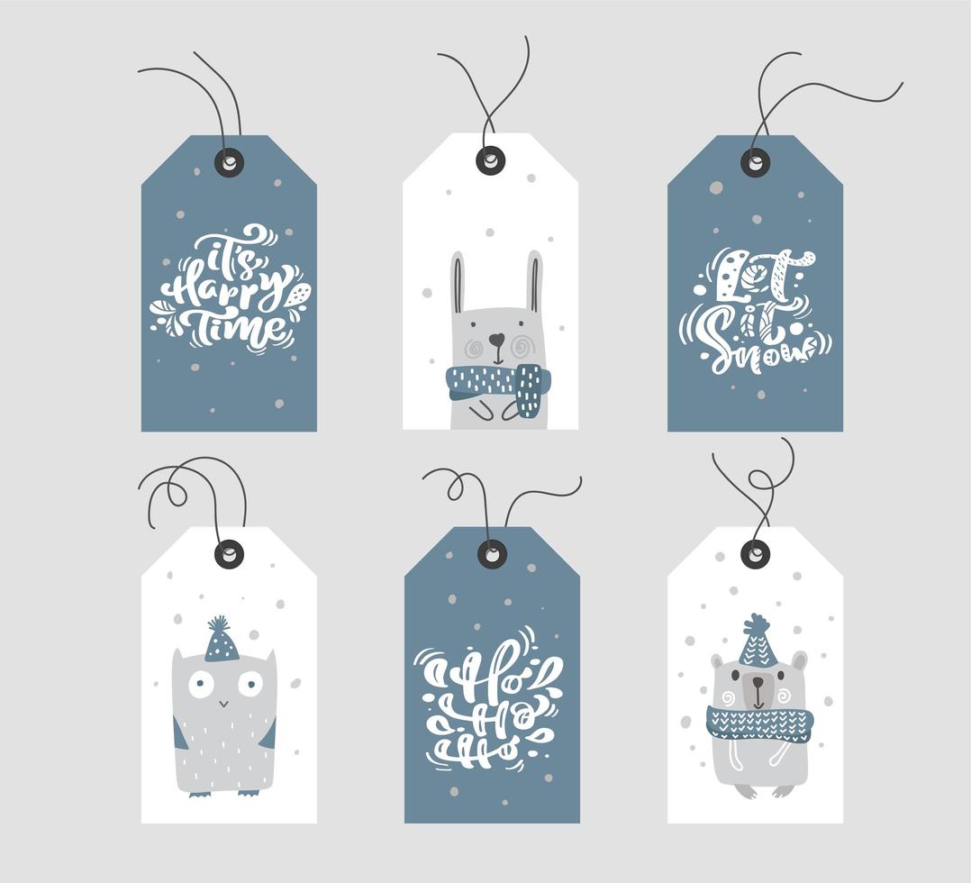 Etiquetas de regalo de navidad azul y blanco con caligrafía vector