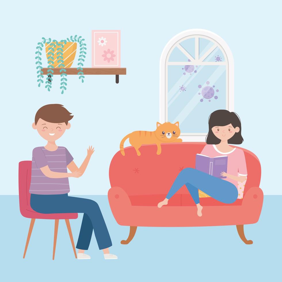 Young couple quarantined at home vector