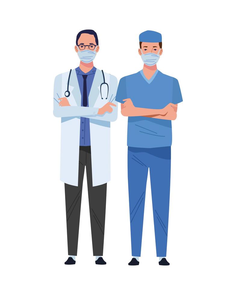 Male doctor and surgeon wearing medical masks vector