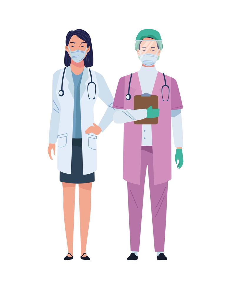 Female doctor and surgeon wearing medical masks vector