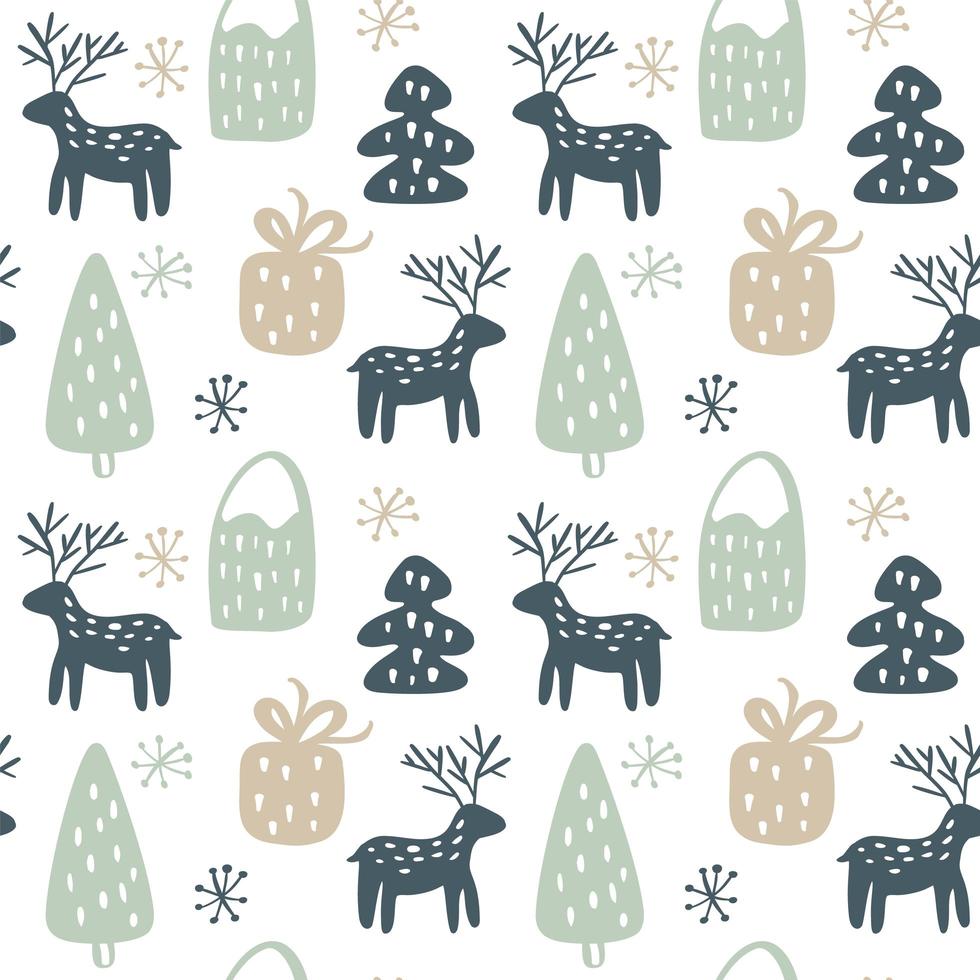Christmas seamless hand drawn pattern with deer, gift, tree vector