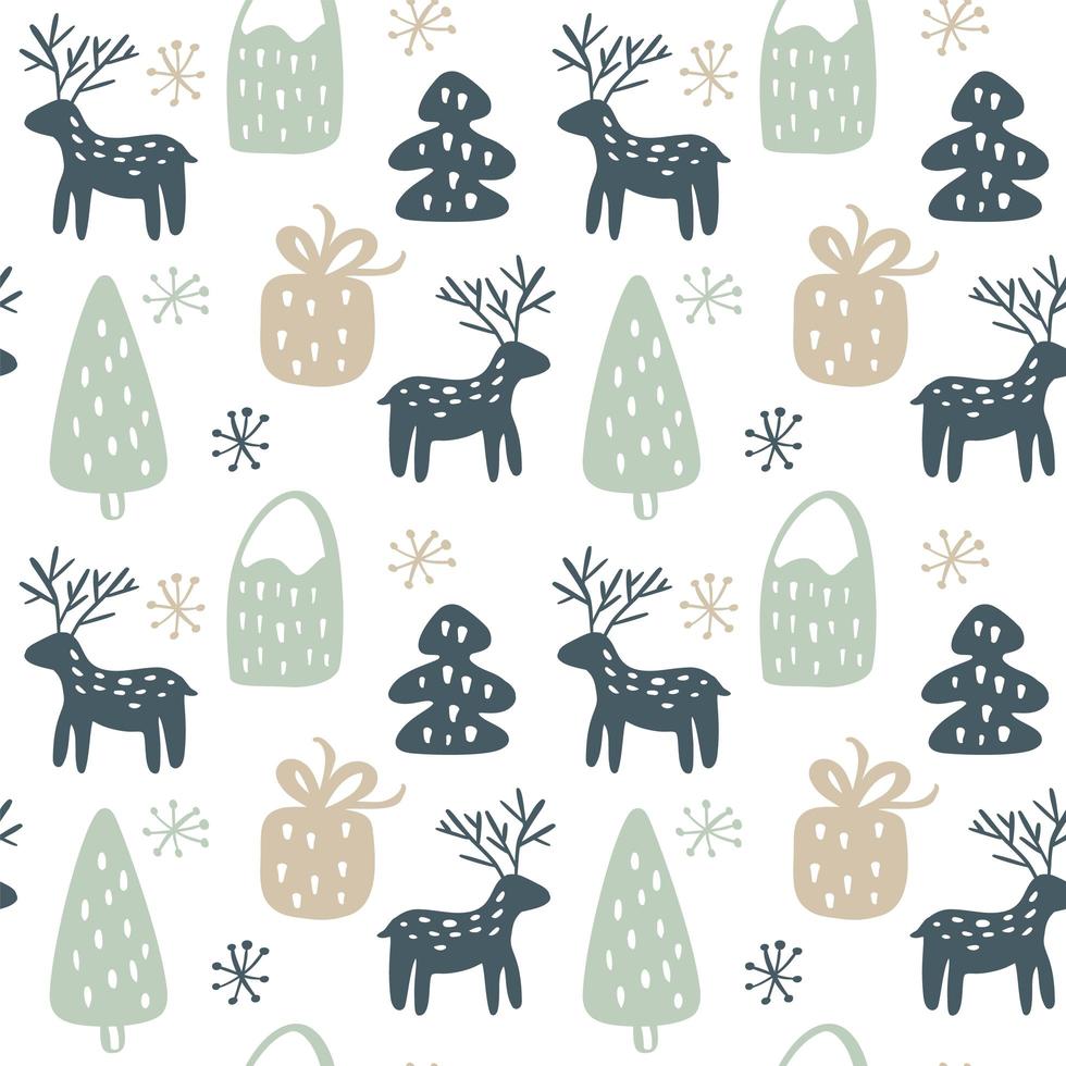 Christmas seamless hand drawn pattern with deer, gift, tree vector