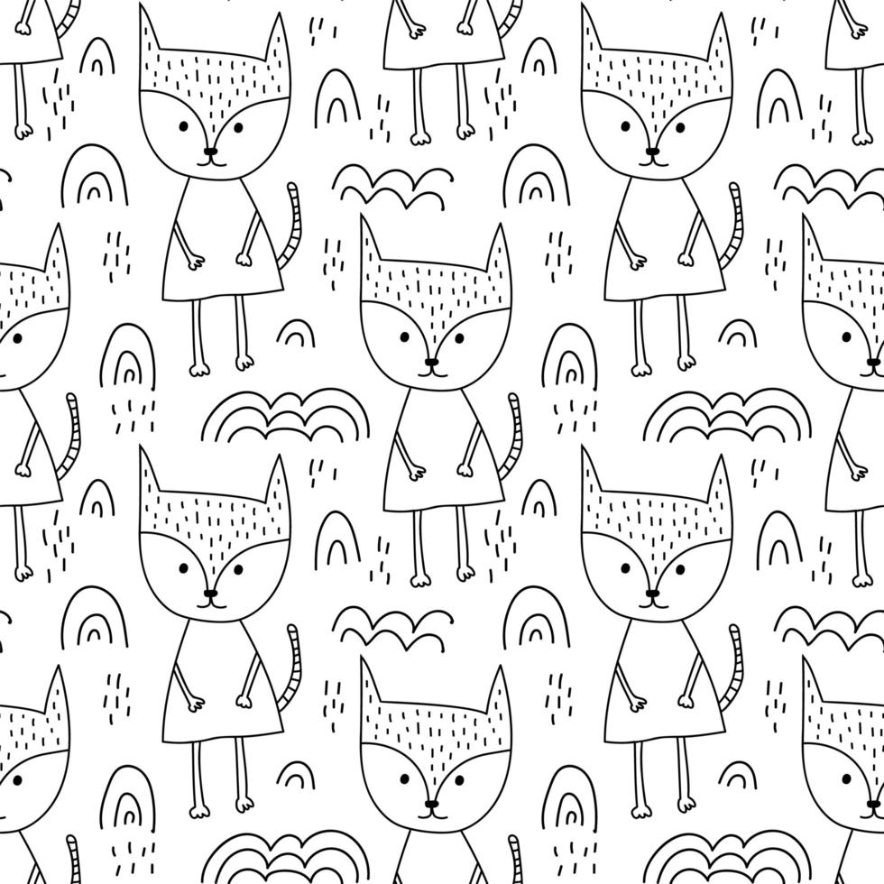 Seamless hand drawn line style fox and rainbows pattern vector