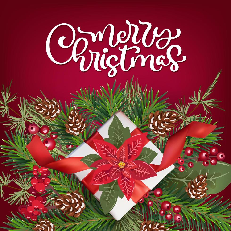 tarjeta de felicitación de navidad con poinsetia y decoración de regalo vector