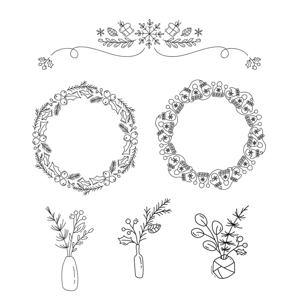 Set of Christmas monoline floral items vector