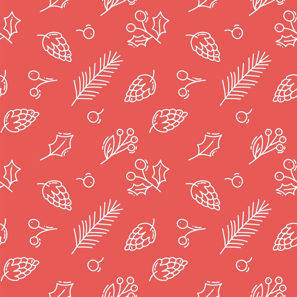 Christmas cones, branches and berries monoline seamless pattern vector