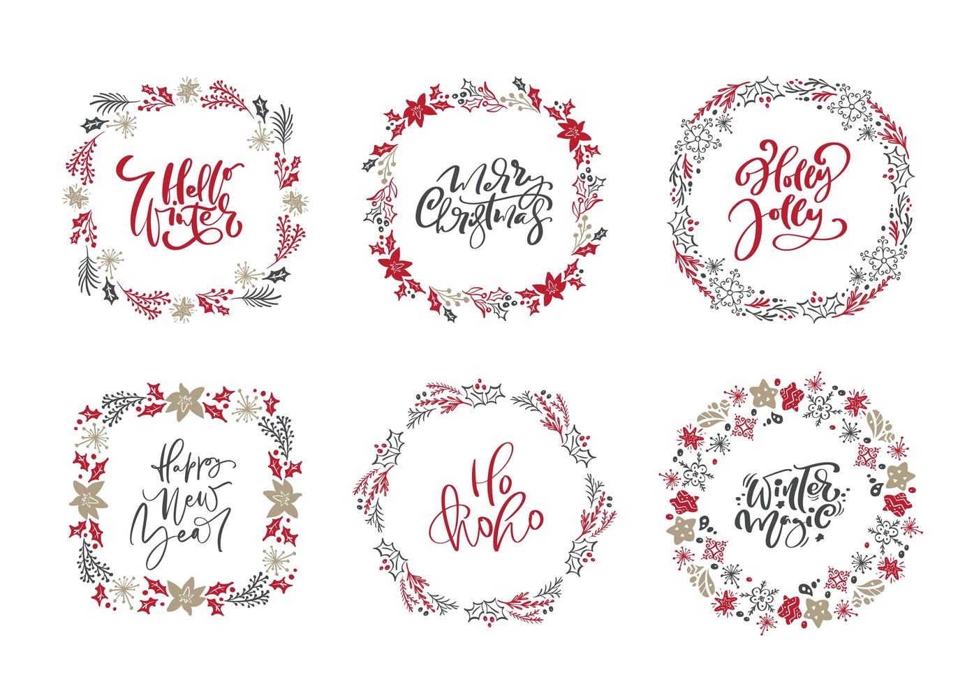 Set of Christmas scandinavian wreaths and calligraphy vector