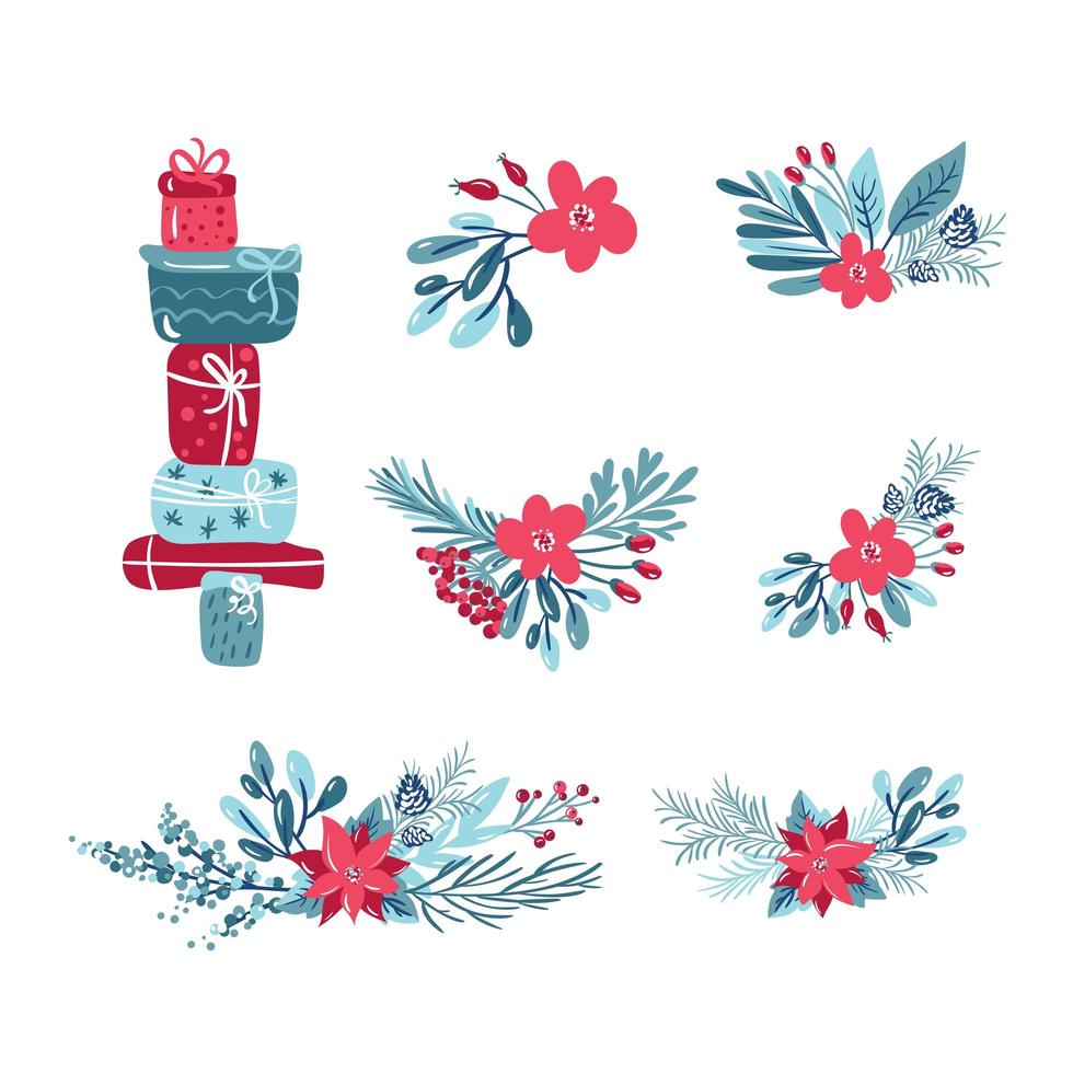 Set of Christmas flower branch bouquets, gift boxes vector