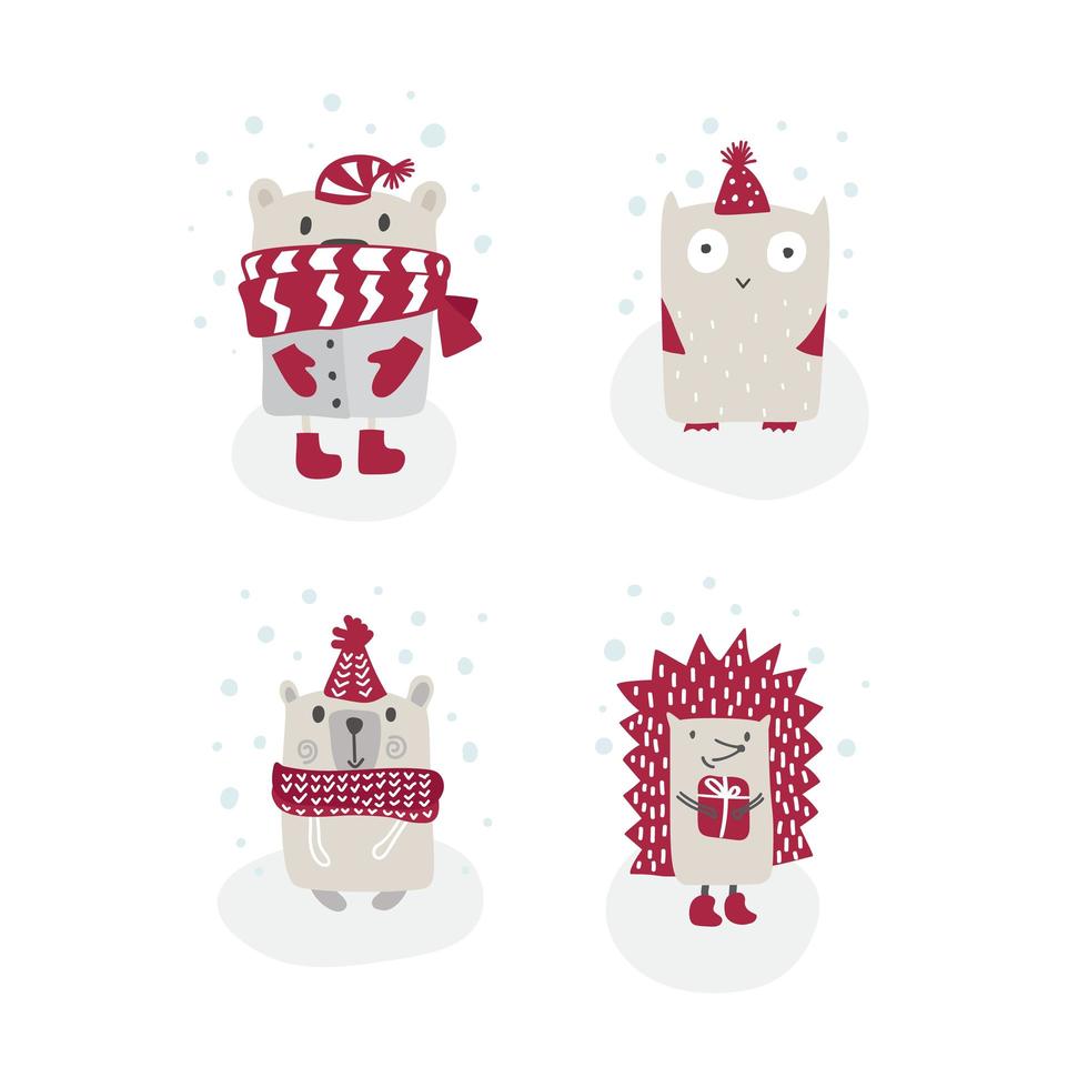 Christmas cute animal doodle cartoons for greeting card vector