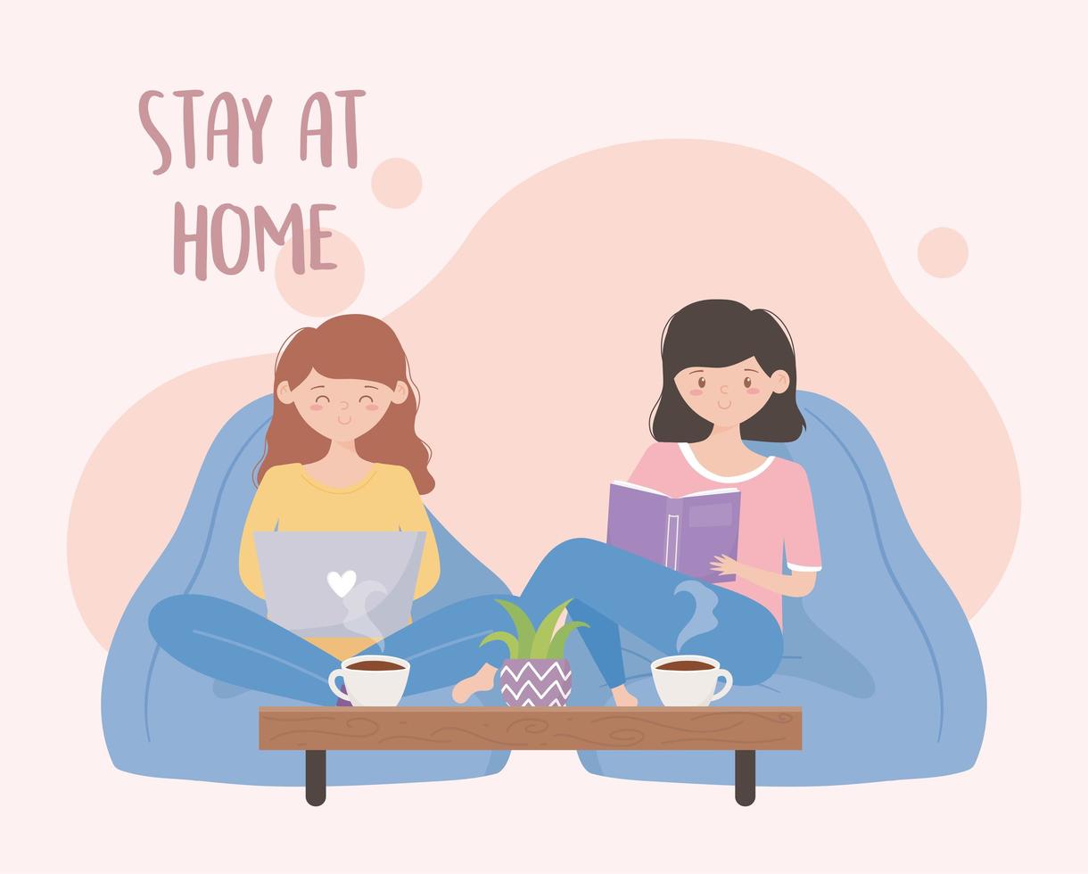 Young women quarantined at home vector