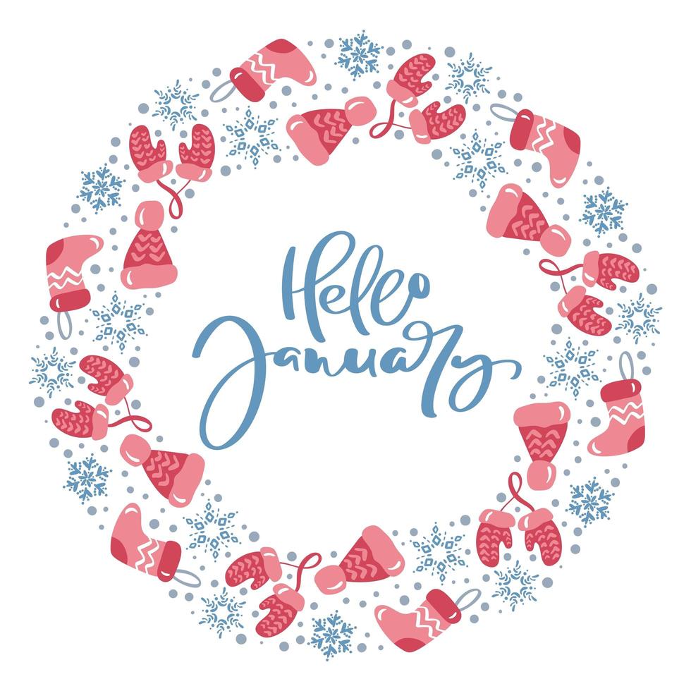 Hello January calligraphy winter elementswreath vector