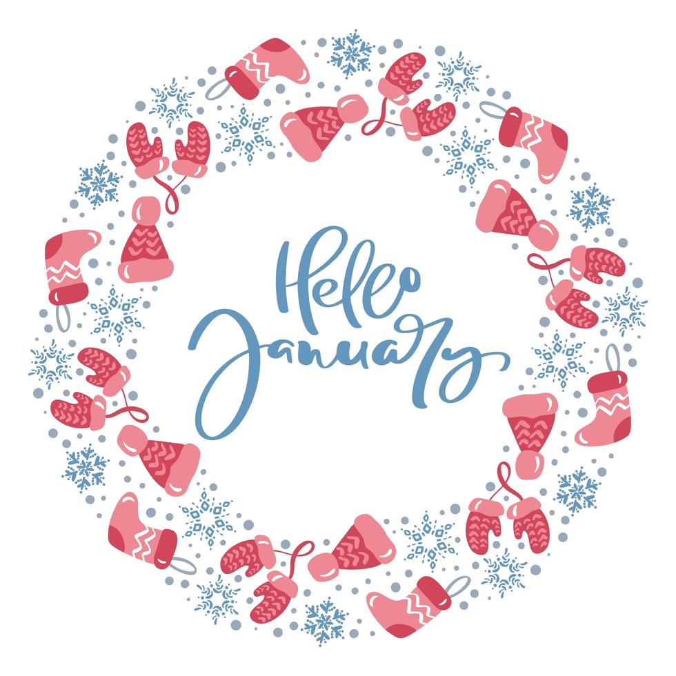 Hello January calligraphy winter elementswreath vector