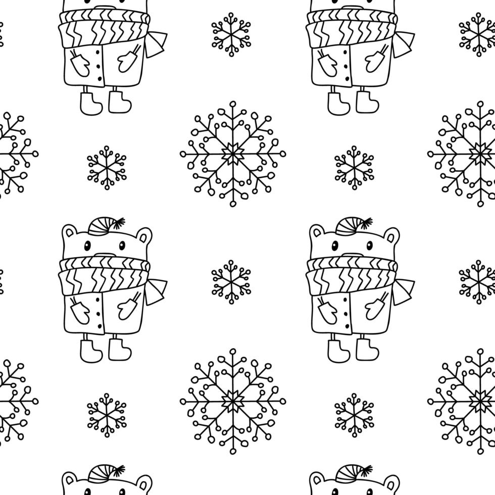 patrón sin costuras con copos de nieve, osos con sombrero y bufanda vector