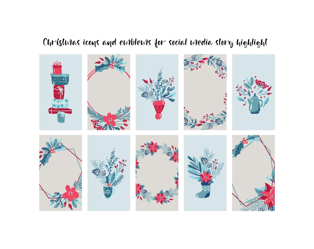 Plantillas de redes sociales navideñas con ramas, regalos, flores. vector