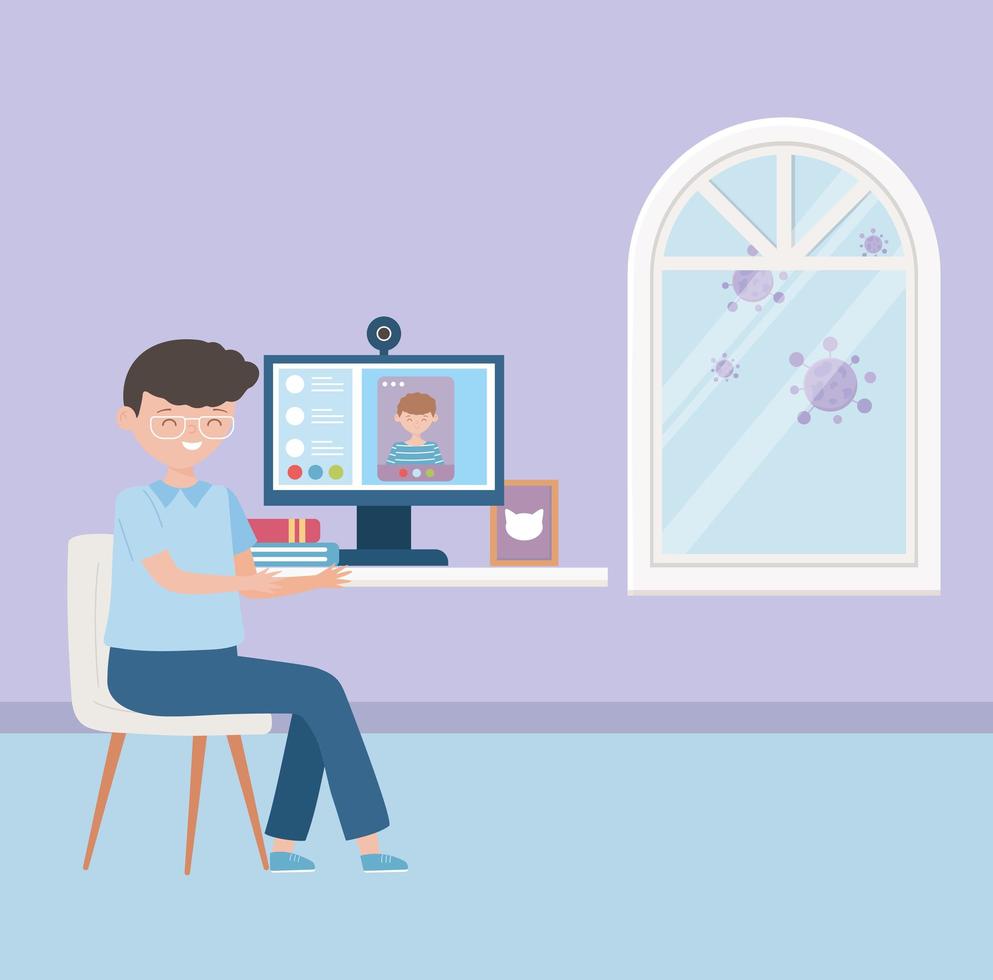 Young man on the computer indoors vector
