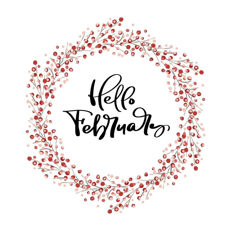 Hello February scandinavian calligraphy and wreath vector