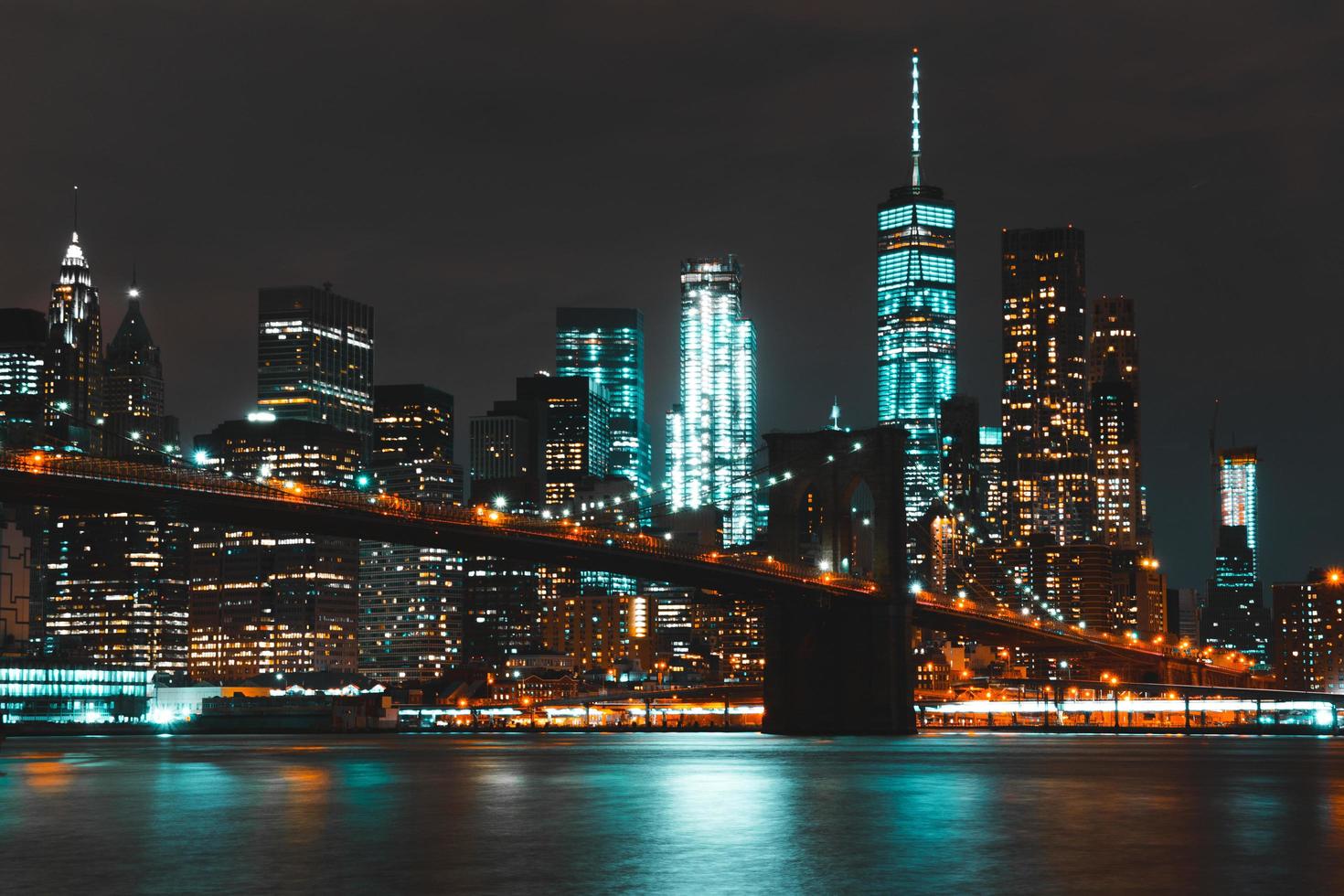 The Brooklyn Bridge at nighttime photo