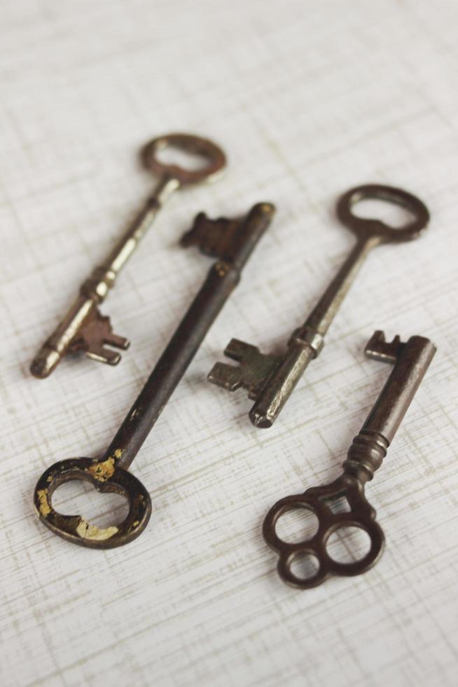 Antique keys on table photo