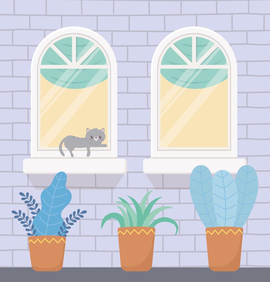 Building facade with cat on the window vector