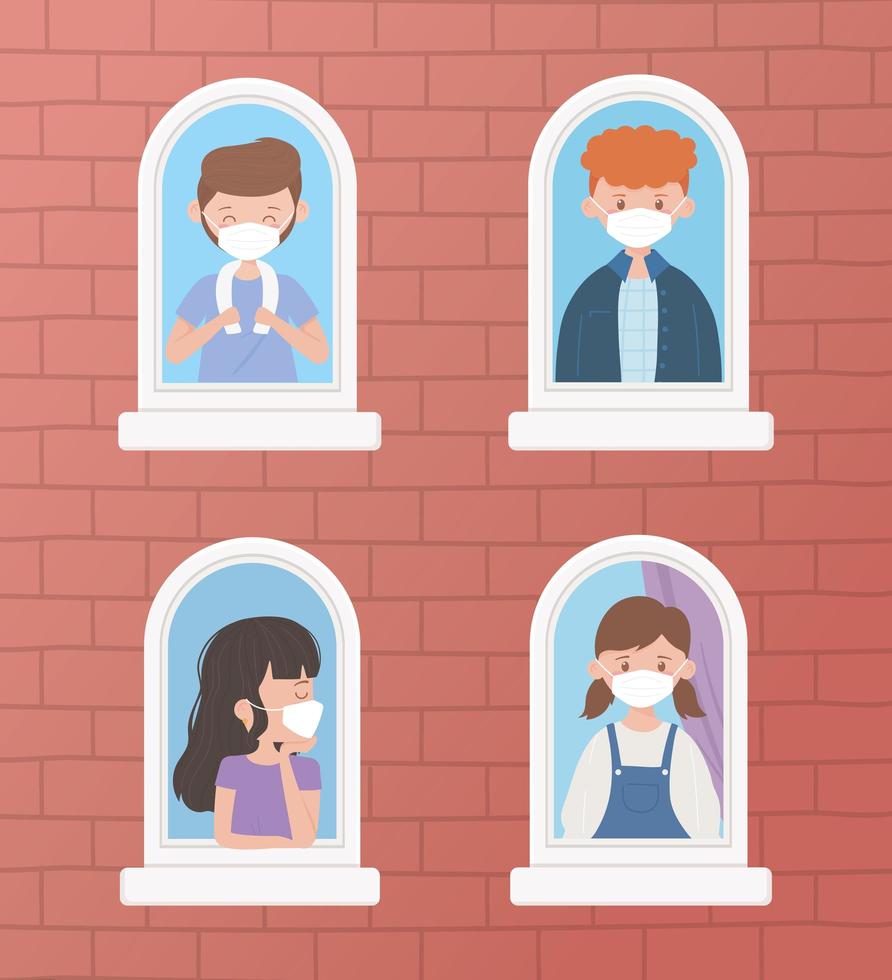 Young people wearing face masks at the window vector